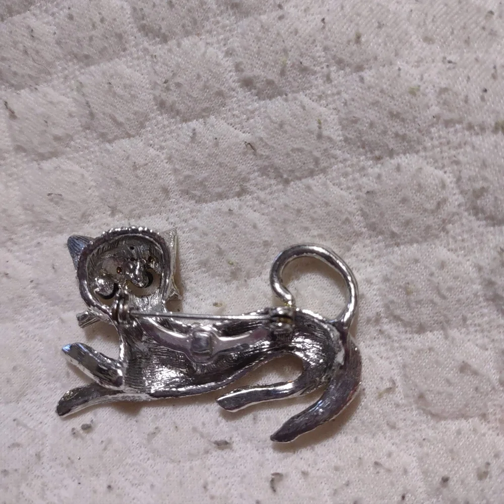Vintage Silver Finished Black Eyed & Clear Rhinestones Brooch Pin - Picture 4 of 4